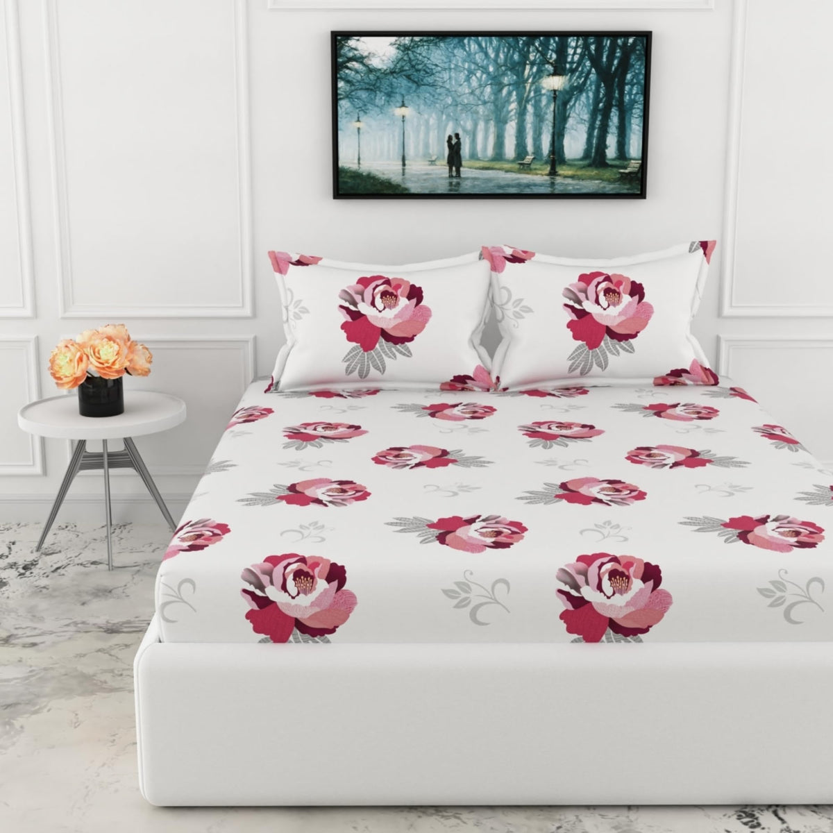 Loreto Wine & Pink Floral Double Fitted Bedsheet | 210 TC | 100% Cotton | Fits 78 x 60 Inches | 8 Inch Pocket - main product image
