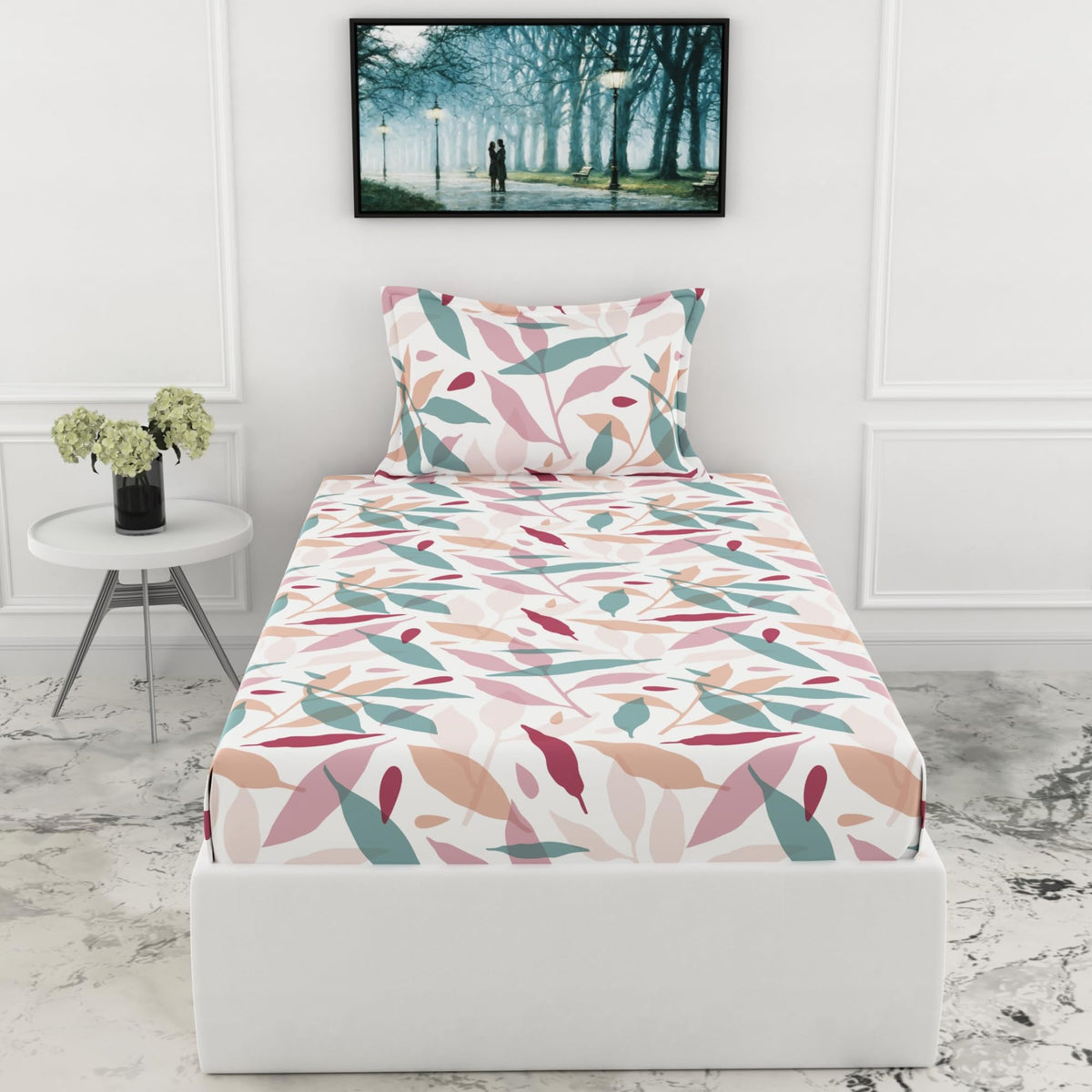 Loreto Pink Leaf Whisper Single Fitted Bedsheet | 210 TC | 100% Cotton | Fits 78 x 36 Inches | 8 Inch Pocket - main product image