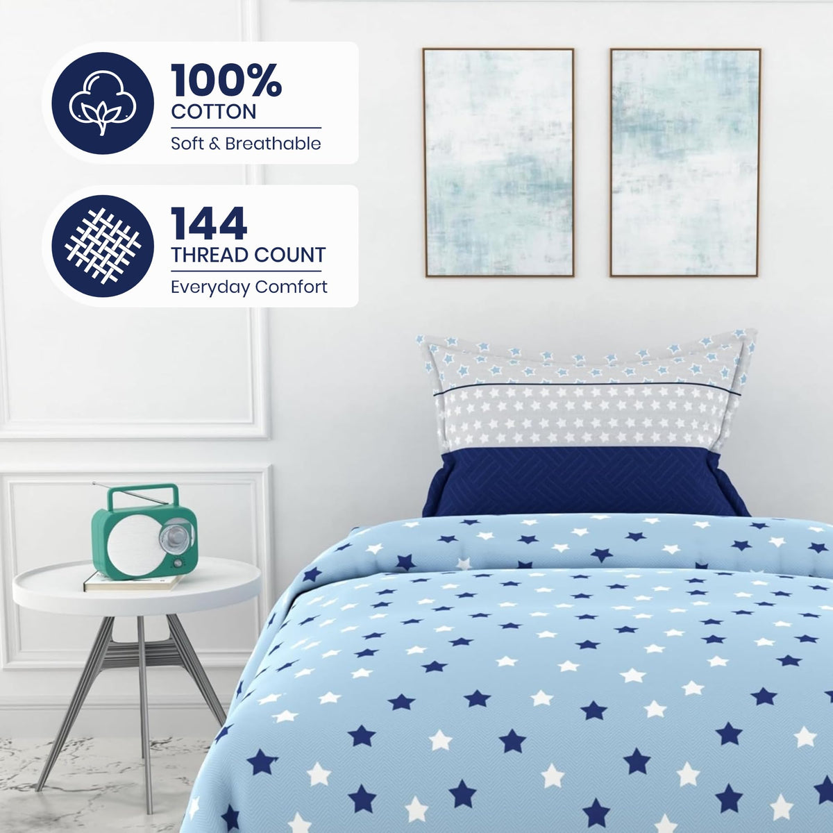 Blue Star Field 100% Cotton Flat Single Bedsheet, 144 TC