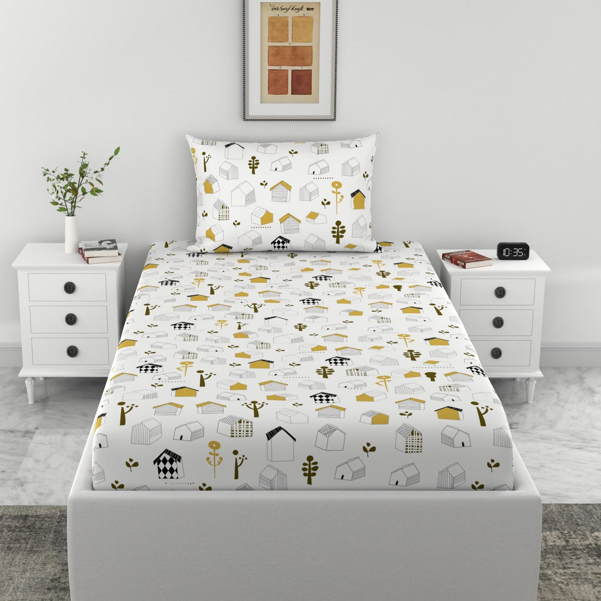 Loreto Cotton Single Bedsheet | Kids House Drawing Design