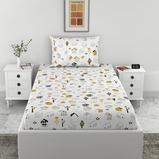 Loreto Cotton Single Bedsheet | Kids House Drawing Design