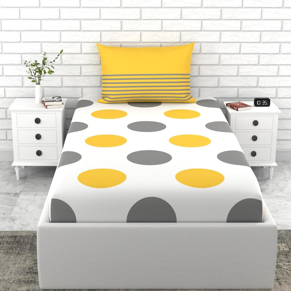 Loreto Cotton Single Bedsheet | Yellow and Grey Polka Dots