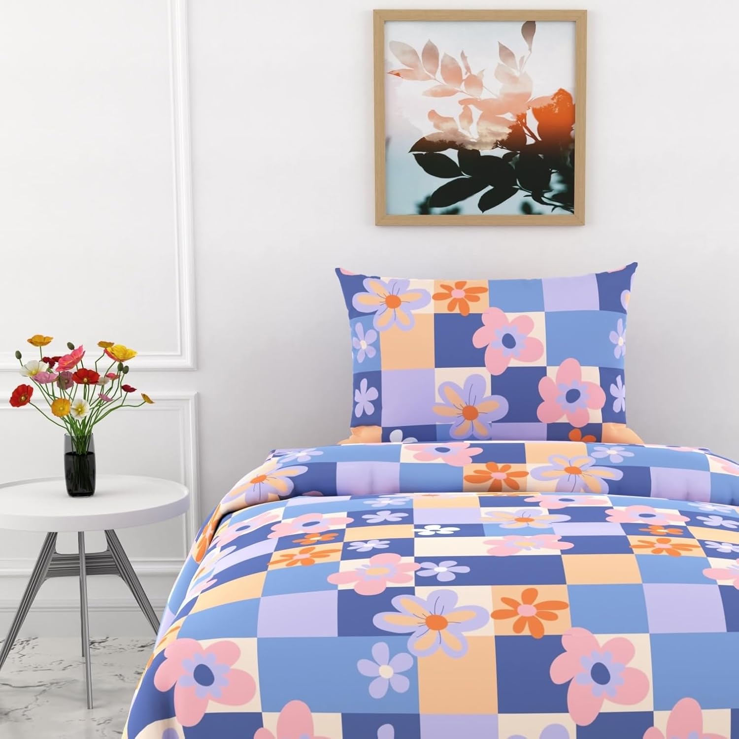 Pastel Floral Checkered Soft & Breathable 100% Cotton Flat Single Bedsheet, 144 TC