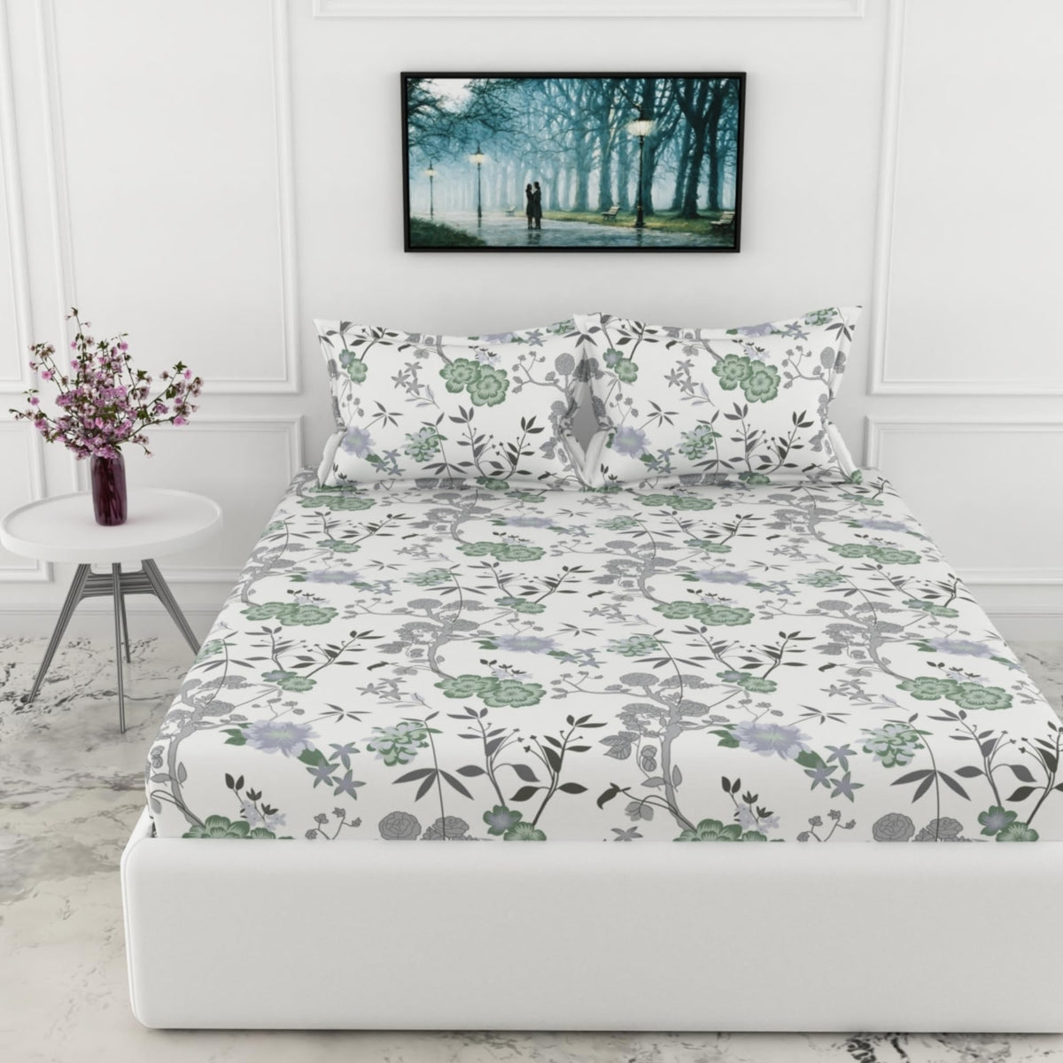 Loreto Sage Green & Silver Blooms Double Fitted Bedsheet | 144 TC | 100% Cotton | Fits 72 x 60 Inches | 8 Inch Pocket - main product image
