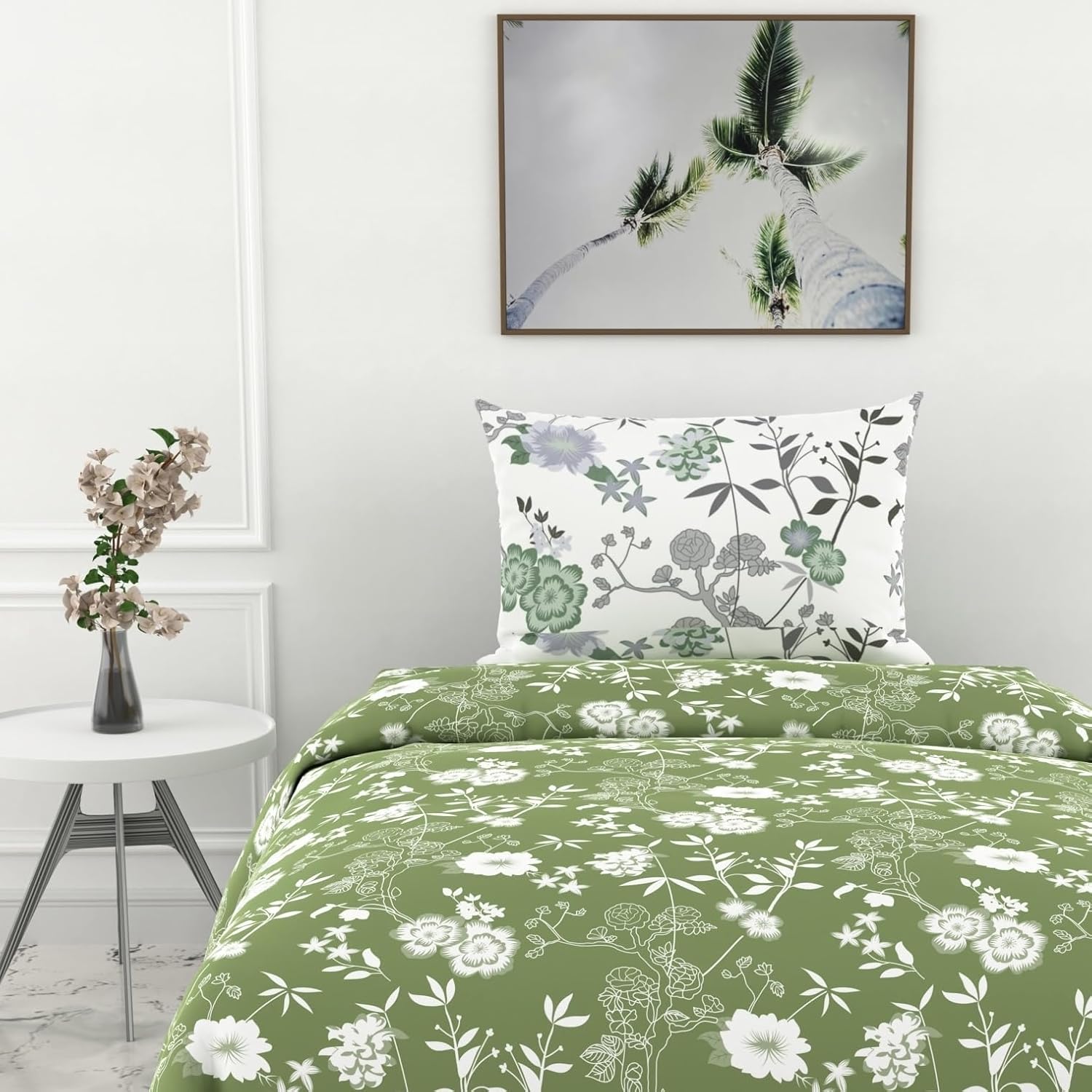 Olive Green Floral Elegance Soft & Breathable 100% Cotton Flat Single Bedsheet, 144 TC