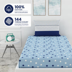 Nile Blue Stars 144 TC 100% Cotton Elastic Fitted Single Bedsheet with 1 Pillow Cover - 78 x 36 Inches