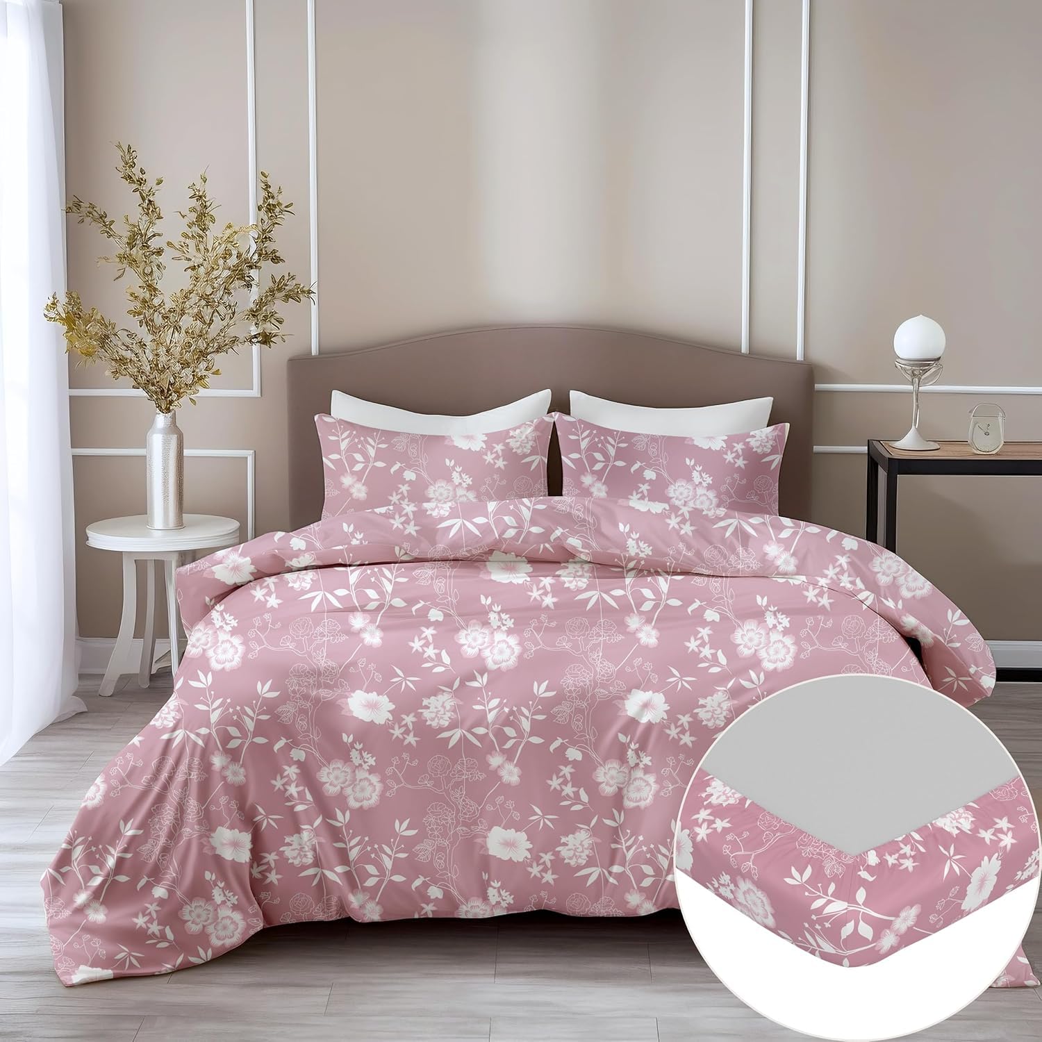 Blush Pink Vine Blooms 100% Cotton Double Fitted Bedsheet with Pillow Covers, 144 TC, 72 x 60 Inches