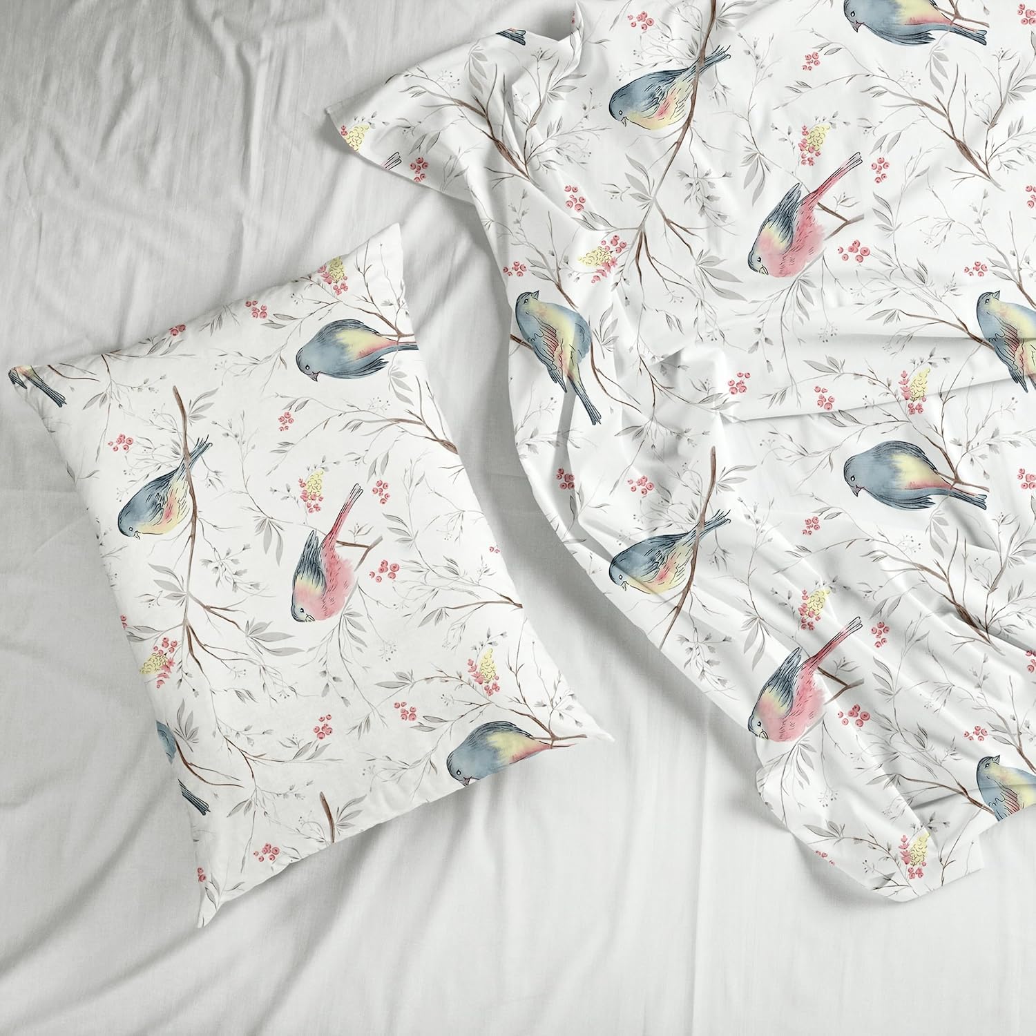 Blush Pink & Blue Bird 186 TC Cotton Fitted King Size Bedsheet with 2 Pillow Covers - 78 x 72 Inches | Soft, Breathable & All-Around Elastic