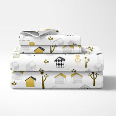 White Kids House Drawing Design Soft & Breathable 100% Cotton Flat King Bedsheet, 144 TC