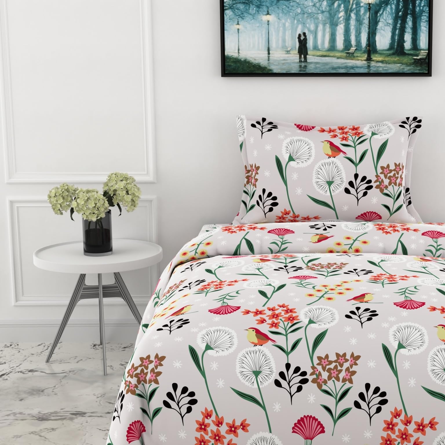 Lavender Grey Spring Harmony Single Bedsheet - 144 TC 100% Cotton with 1 Pillow Cover (54 x 84 Inches)