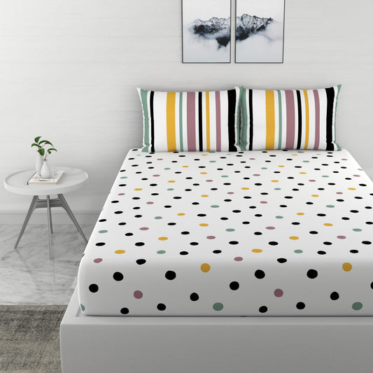 Loreto Cotton Double Bedsheet | Lemon Drops with Black Polka Dots