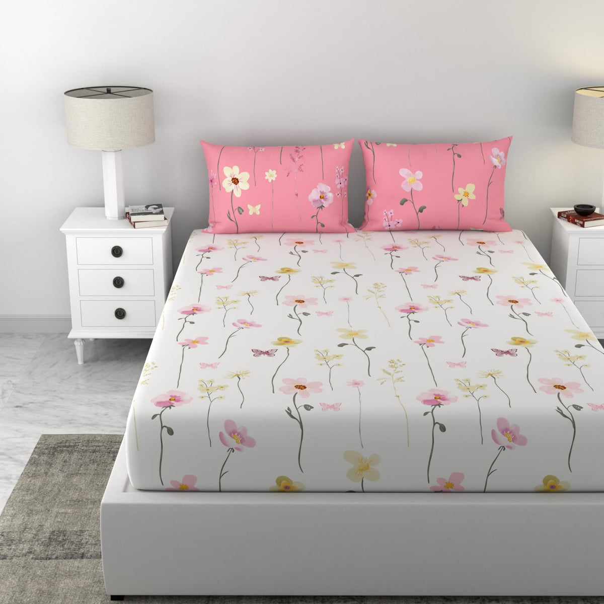 Loreto White Pink Floral Vines & Floral Blooms King Fitted Bedsheet | 144 TC | 100% Cotton | Fits 78 x 72 Inches | 8 Inch Pocket - main product image