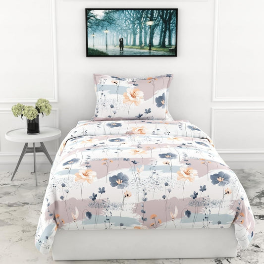 Blue & Peach Single Bedsheet - 210 TC 100% Cotton with 1 Pillow Cover (58 x 88 Inches)