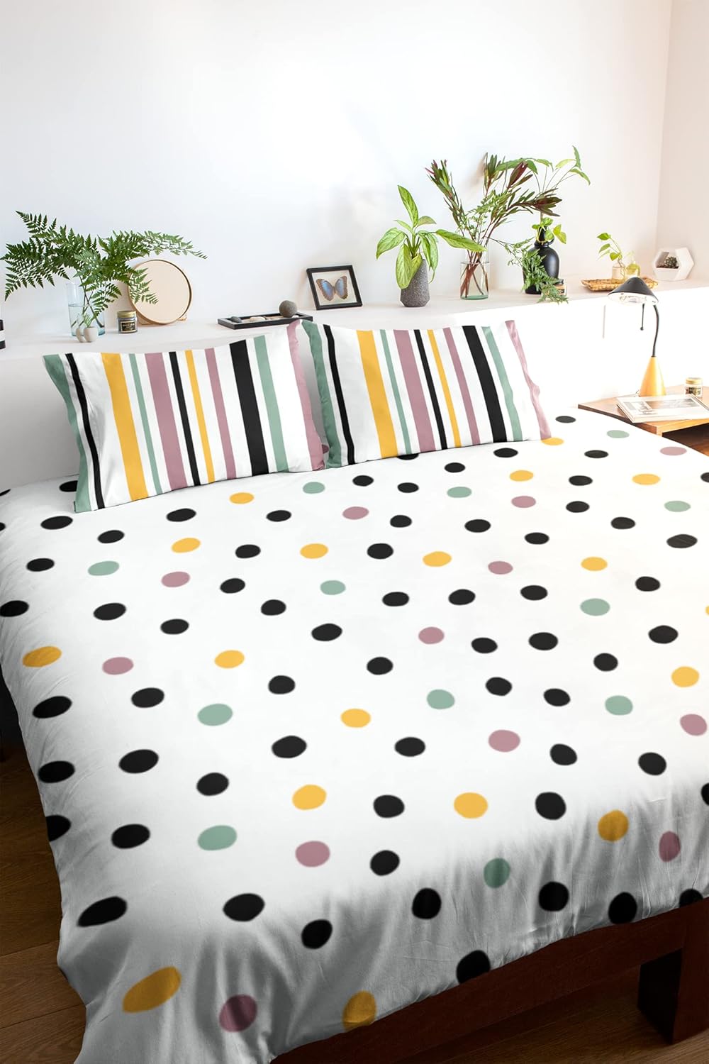 Lemon Drops with Black Polka Dots 100% Cotton Flat Double Bedsheet, 144 TC