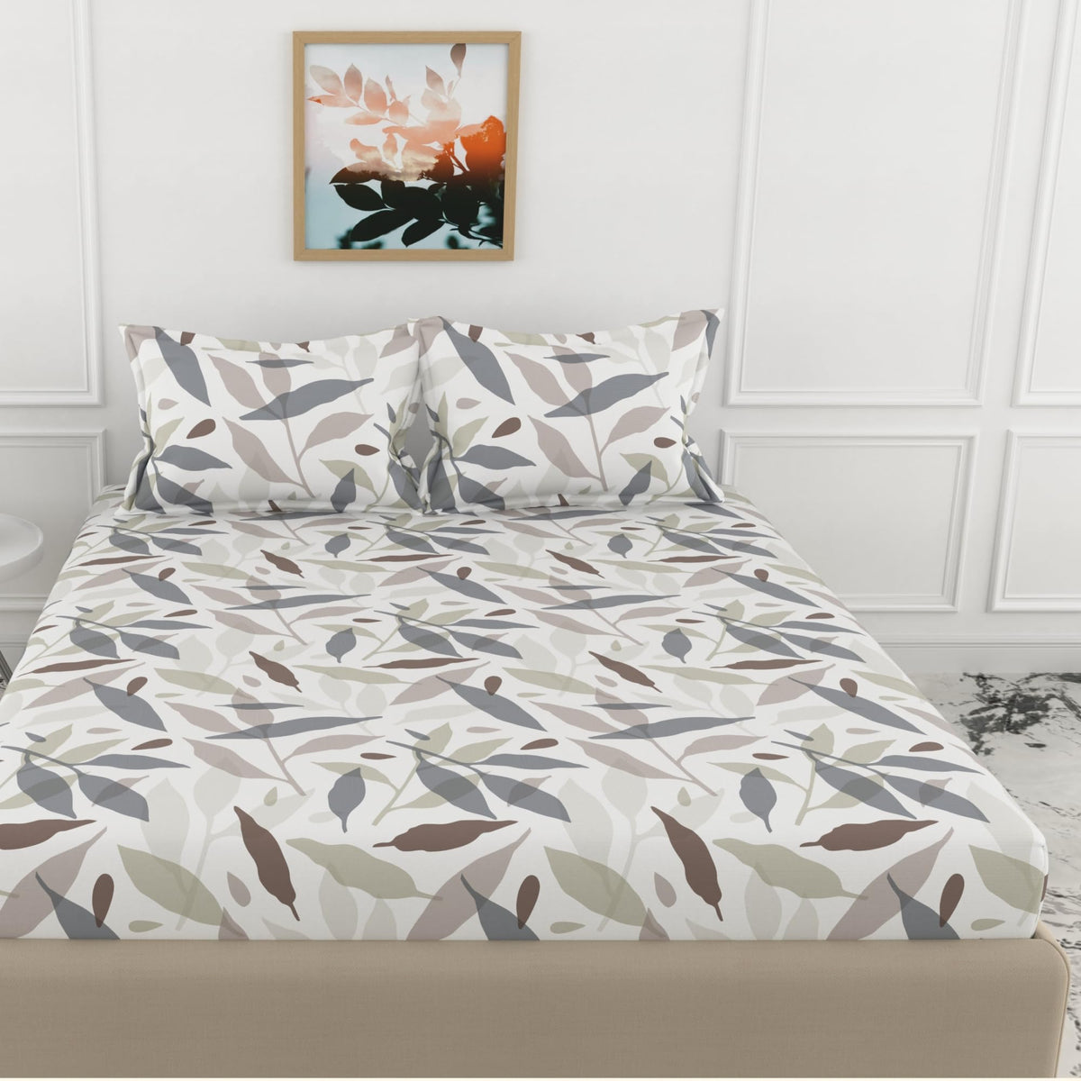 Loreto Grey Leaf Whisper King Fitted Bedsheet | 210 TC | 100% Cotton | Fits 78 x 72 Inches | 8 Inch Pocket - main product image