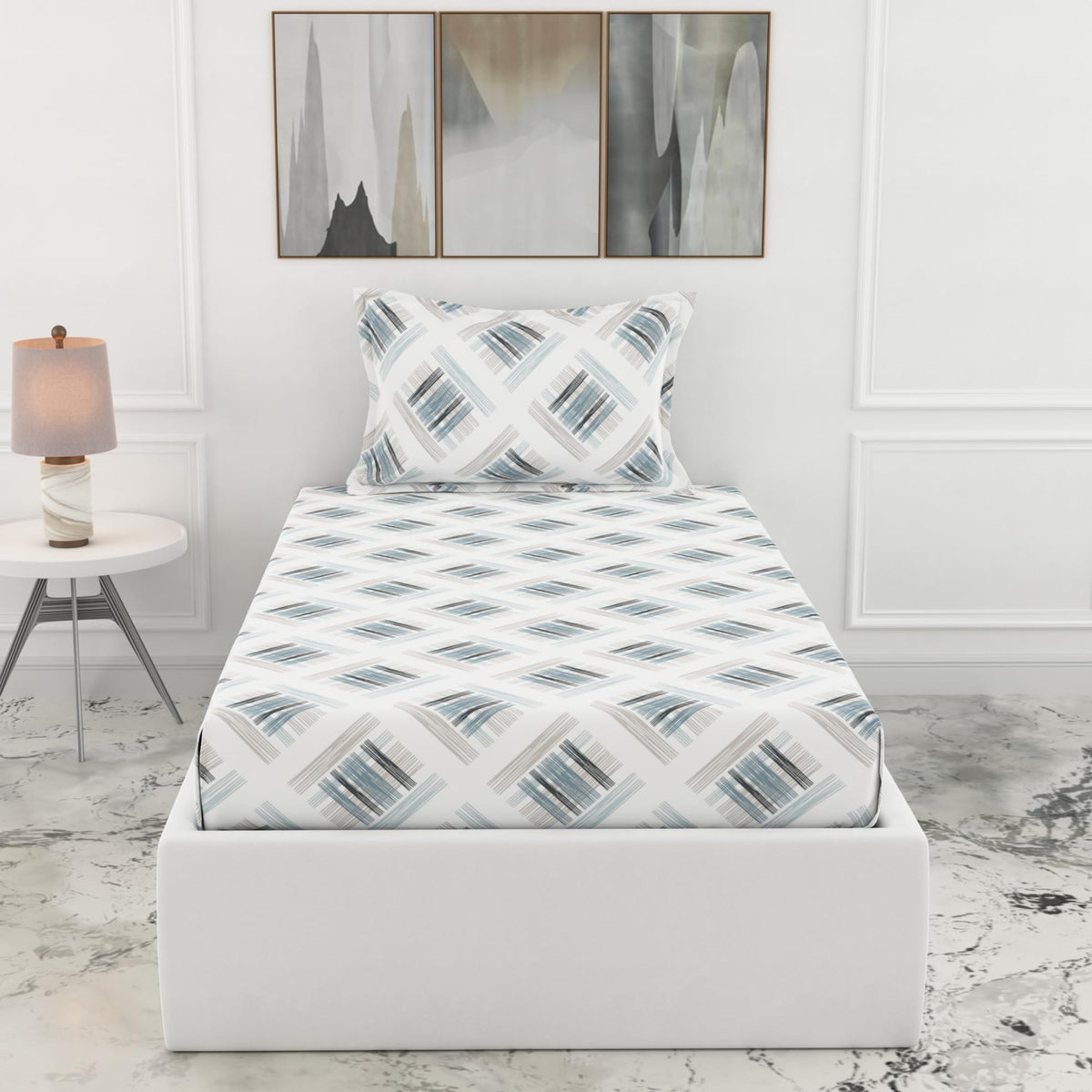 Loreto Mist & Charcoal Grid Single Fitted Bedsheet | 186 TC | 100% Cotton | Fits 78 x 36 Inches | 8 Inch Pocket - main product image
