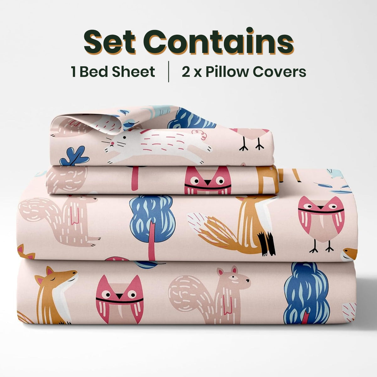 Pastel Pink Baby Animals 100% Cotton Flat Double Bedsheet for Kids, 144 TC