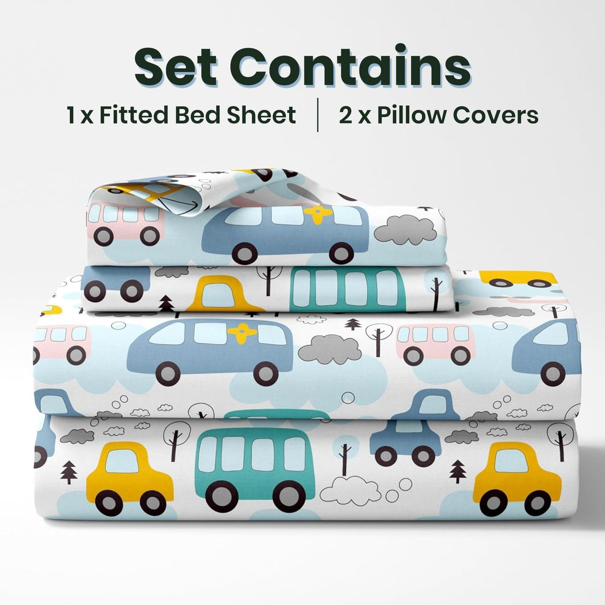 Blue Bus & Banana Yellow Cars 100% Cotton King Size Fitted Bedsheet 72 x 72 Inches with 2 Pillow Covers | Soft & Breathable 144 TC Fabric