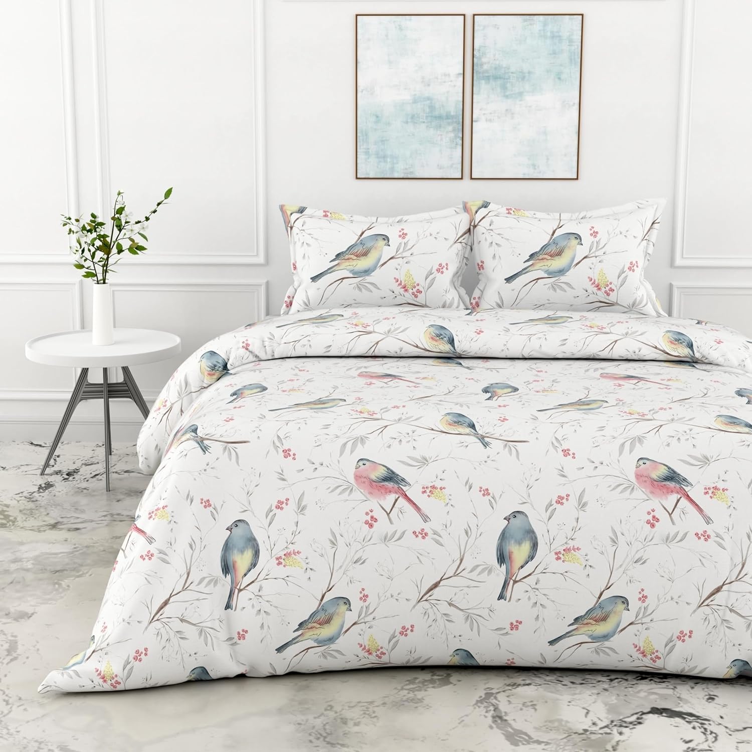 Loreto Cotton King Fitted Bedsheet | Blush Pink & Blue Bird 186 TC Cotton Size with 2 Covers - 78 x 72 Inches | Soft, Breathable & All-Around Elastic