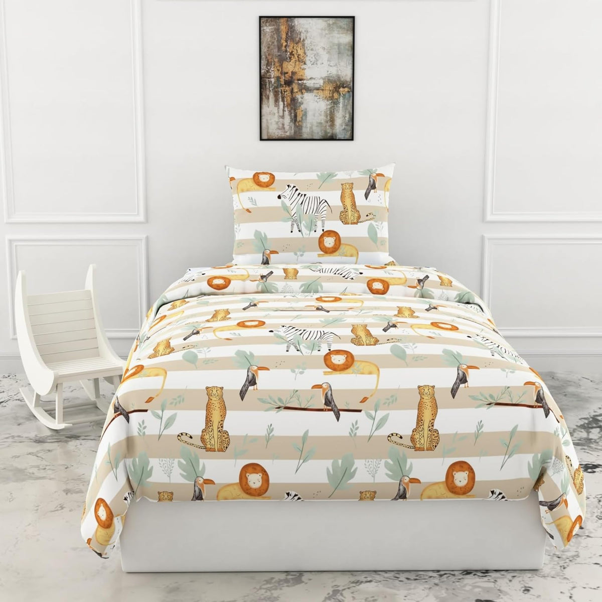 Loreto Cotton Single Bedsheet | Jungle Beige & Green Adventure Soft & Breathable