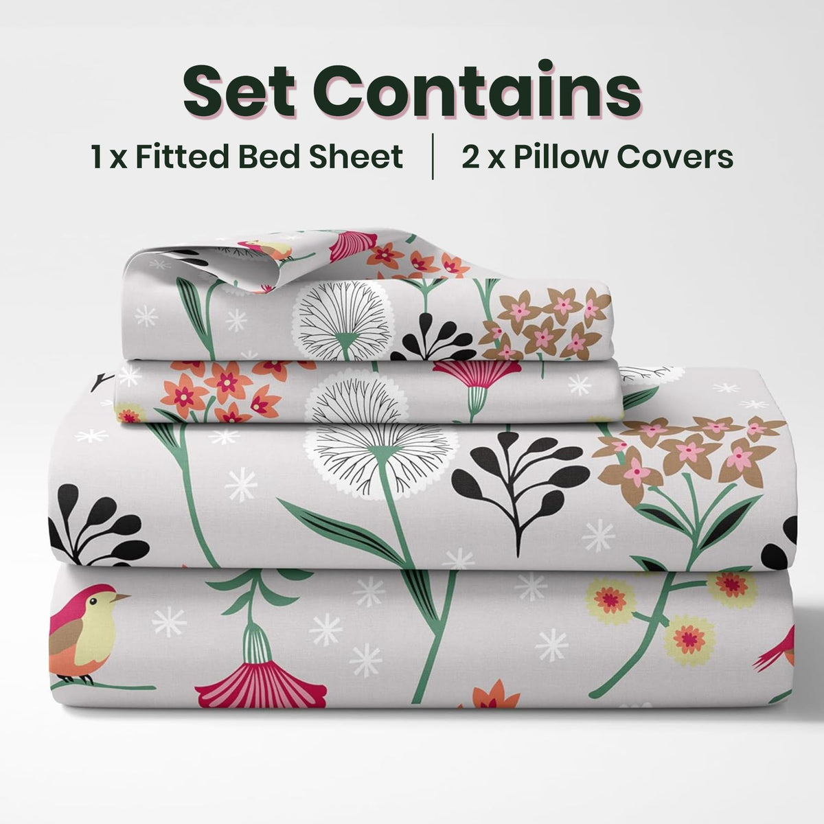 Lavender Grey Spring Harmony Double Fitted Bedsheet - 100% Cotton with 2 Pillow Covers (78 x 60 Inches + 8 Inch Pocket)