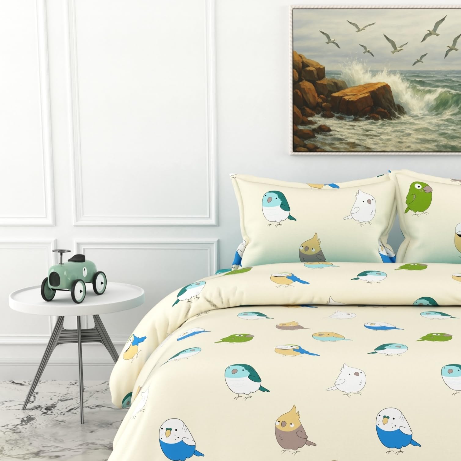 Multicolor Birds on Soft Beige 186 TC Cotton Double Bedsheet, 90 x 90 Inches - Soft Percale Weave with 2 Pillow Covers, Durable & Breathable
