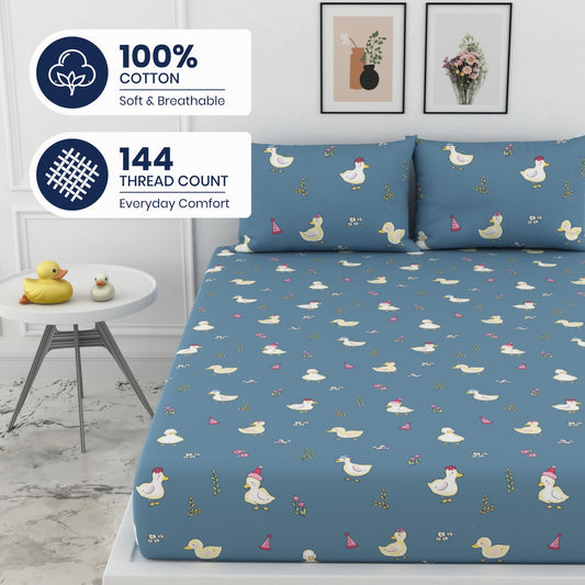 Pastel Blue Duck Party 100% Cotton King Size Fitted Bedsheet with 2 Pillow Covers, 144 TC, 78 x 72 Inches