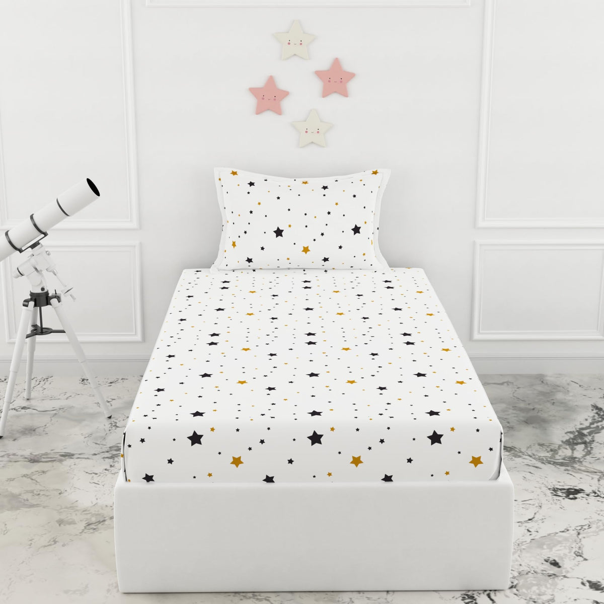 Loreto Black & Gold Stars Single Fitted Bedsheet | 210 TC | 100% Cotton | Fits 78 x 36 Inches | 8 Inch Pocket - main product image
