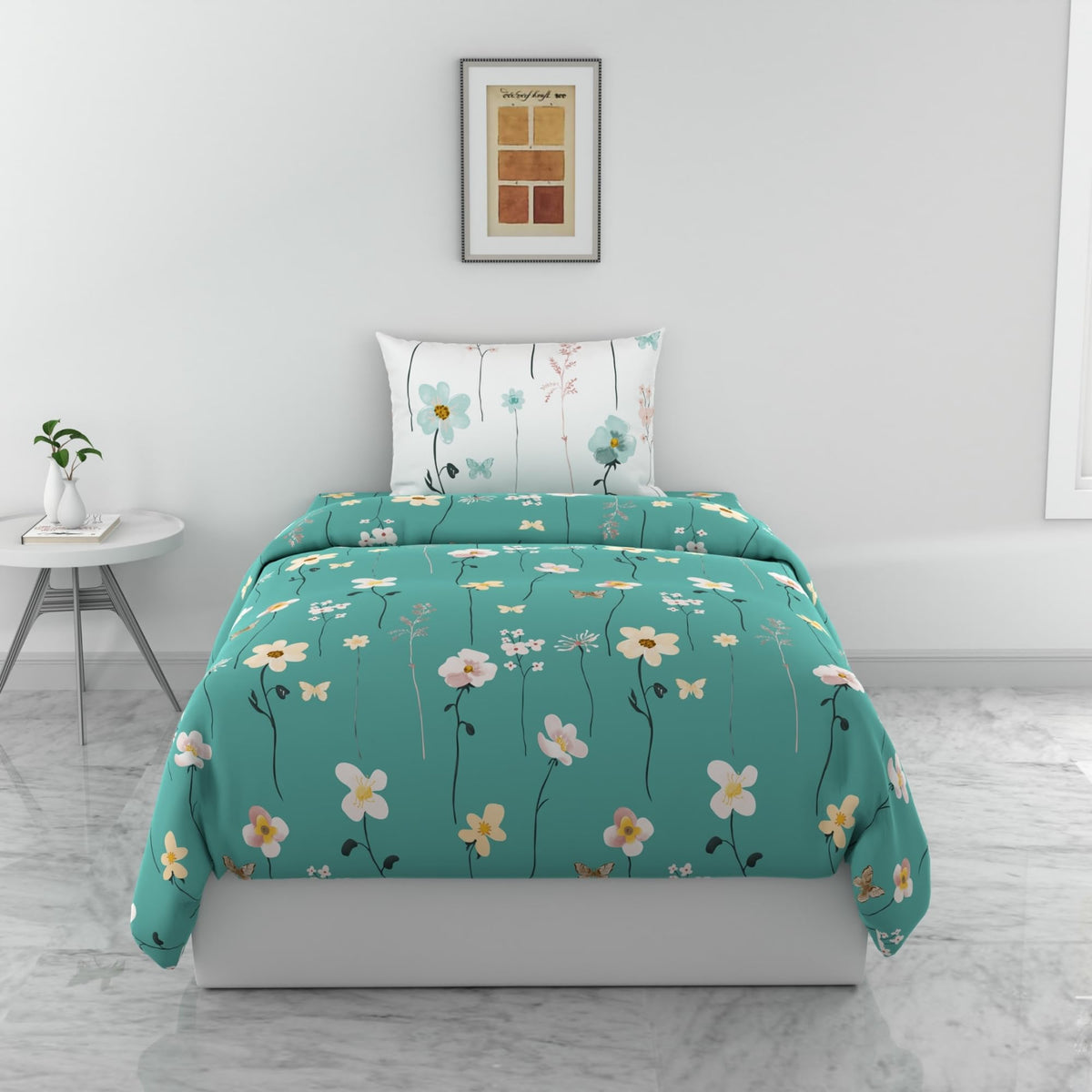 Loreto Teal Floral Blooms & Floral Vines Single Bedsheet | 144 TC | 100% Cotton | 54 x 84 Inches - main product image