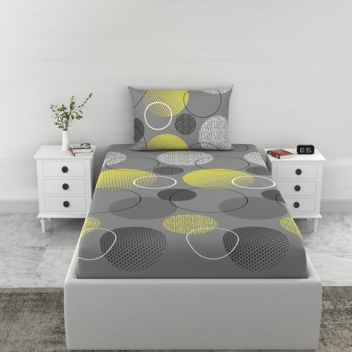 Loreto Cotton Single Bedsheet | Lemon Yellow and Grey