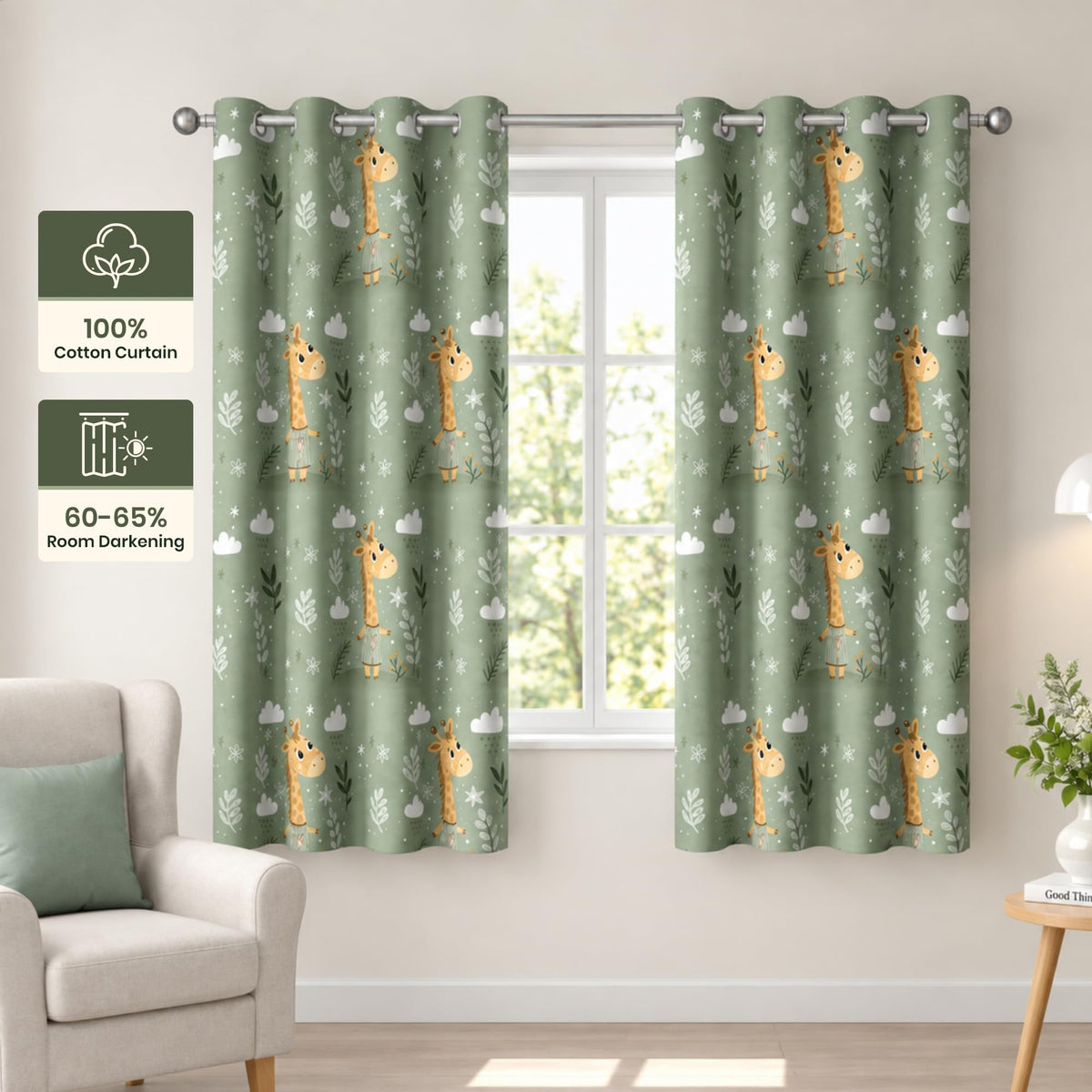 Jungle Giraffe Window Curtain - Cotton Set of 1 (4 x 5 ft)