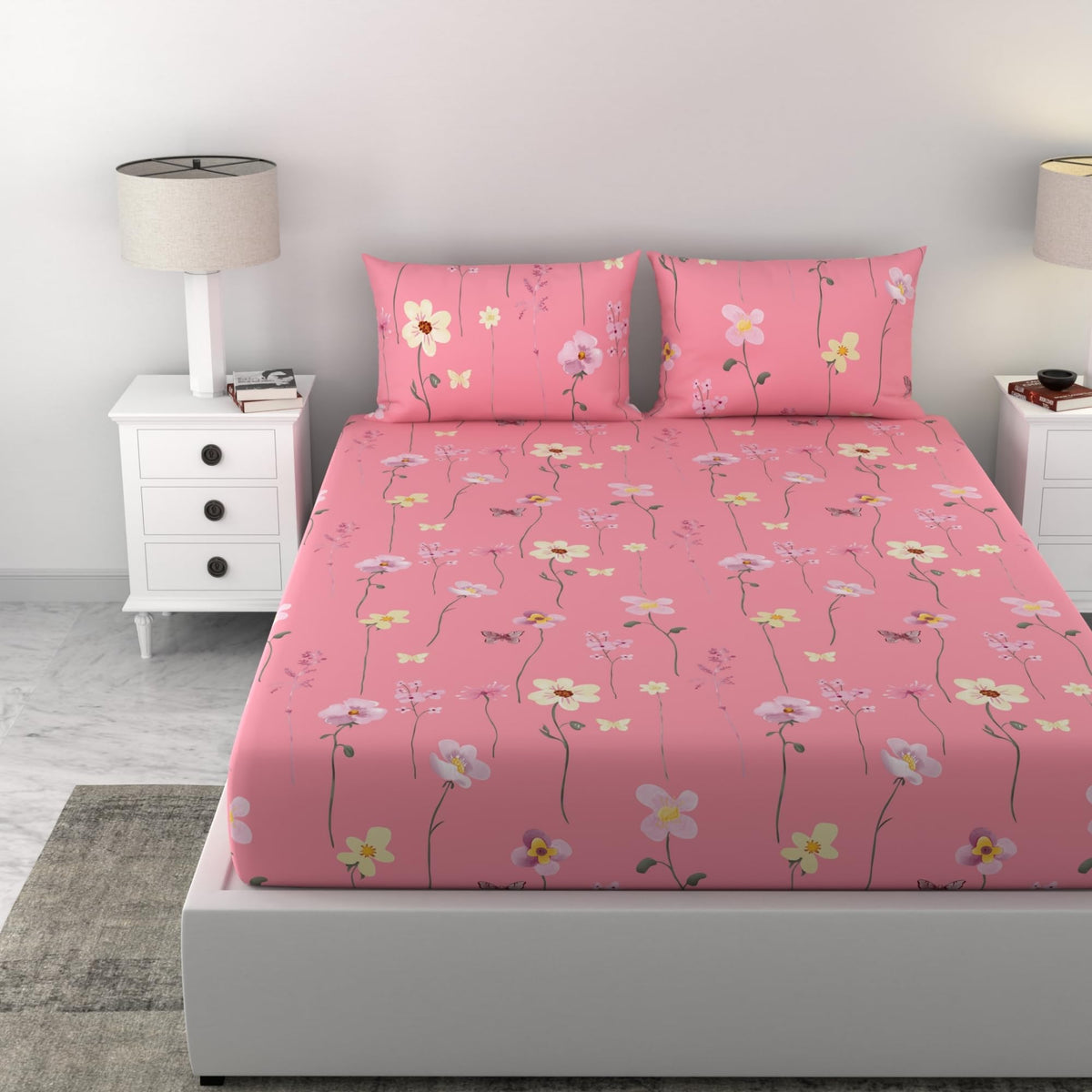 Loreto Pink Floral Blooms Double Fitted Bedsheet | 144 TC | 100% Cotton | Fits 78 x 60 Inches | 8 Inch Pocket - main product image