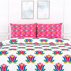 Blue & Pinkish Red Lotus Floral Print 100% Cotton Flat Double Bedsheet, 144 TC