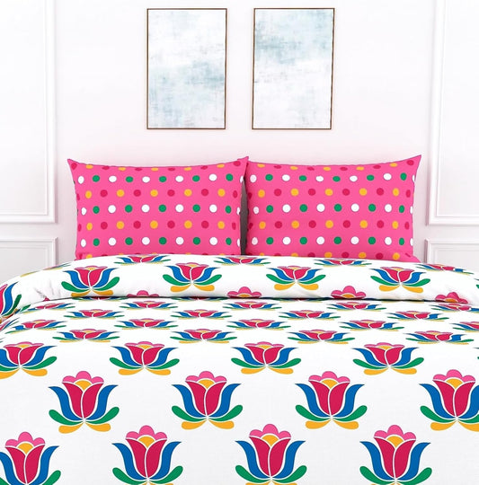 Blue & Pinkish Red Lotus Floral Print 100% Cotton Flat Double Bedsheet, 144 TC