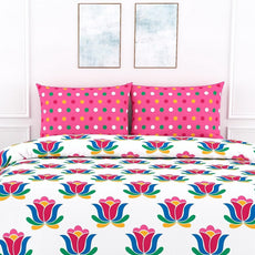 Blue & Pinkish Red Lotus Floral Print 100% Cotton Flat Double Bedsheet, 144 TC