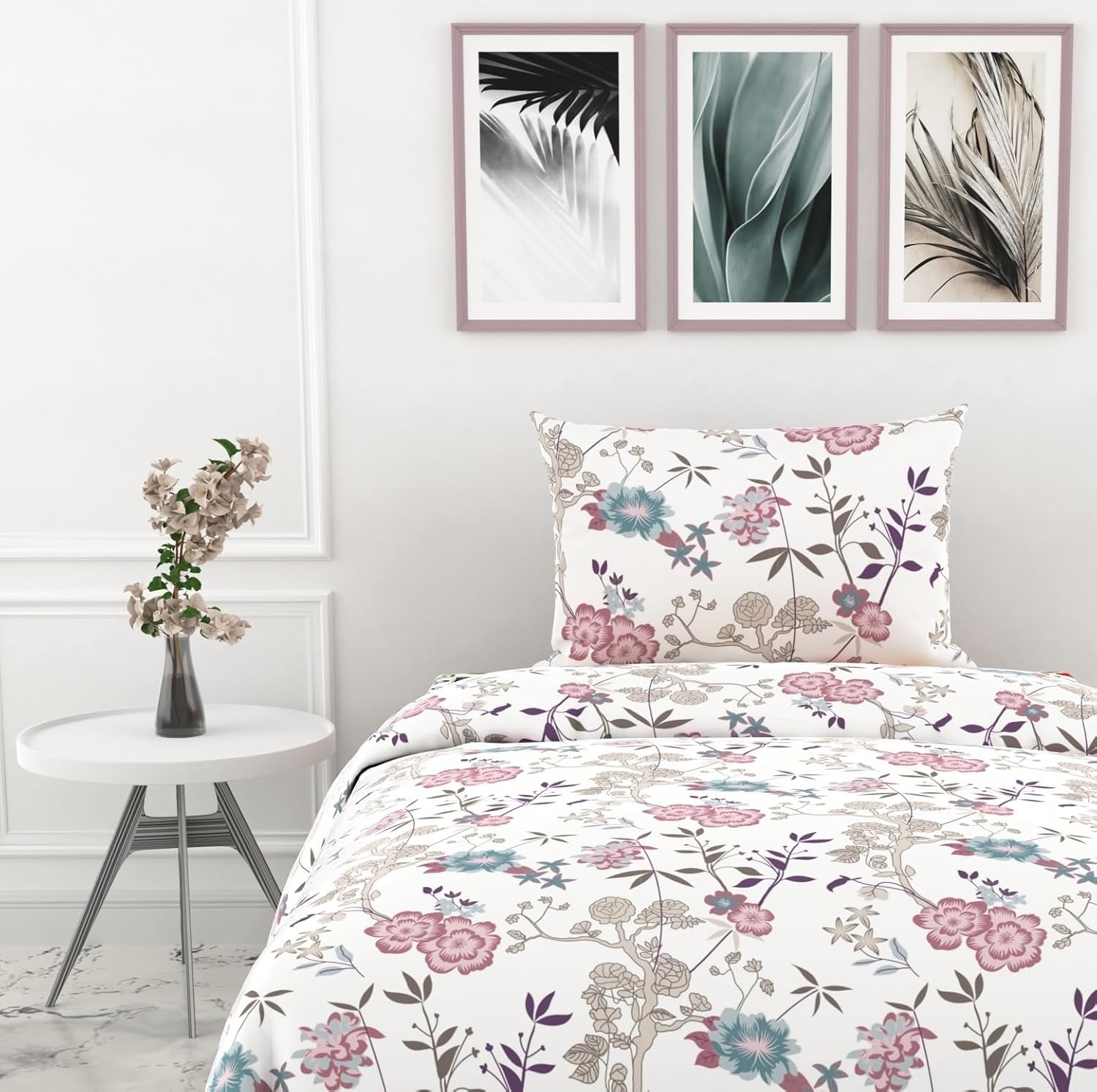 Blush Pink & Teal Floral Vines Soft & Breathable 100% Cotton Flat Single Bedsheet, 144 TC