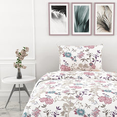 Blush Pink & Teal Floral Vines Soft & Breathable 100% Cotton Flat Single Bedsheet, 144 TC