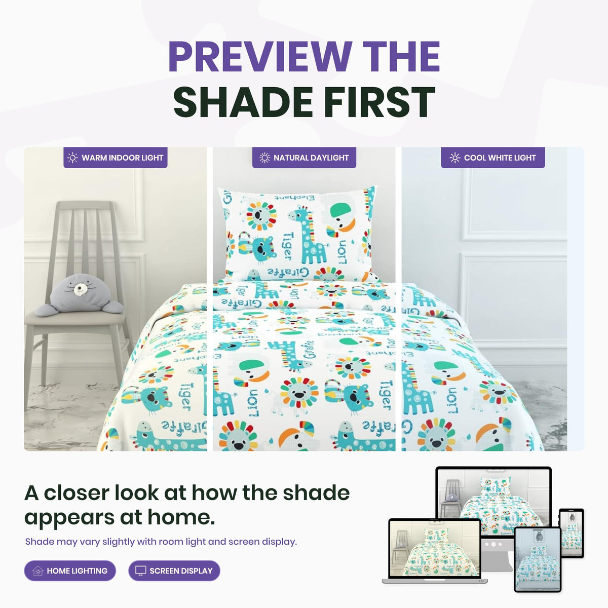 Aqua & Rainbow Animal Parade Soft & Breathable 100% Cotton Flat Single Bedsheet, 144 TC
