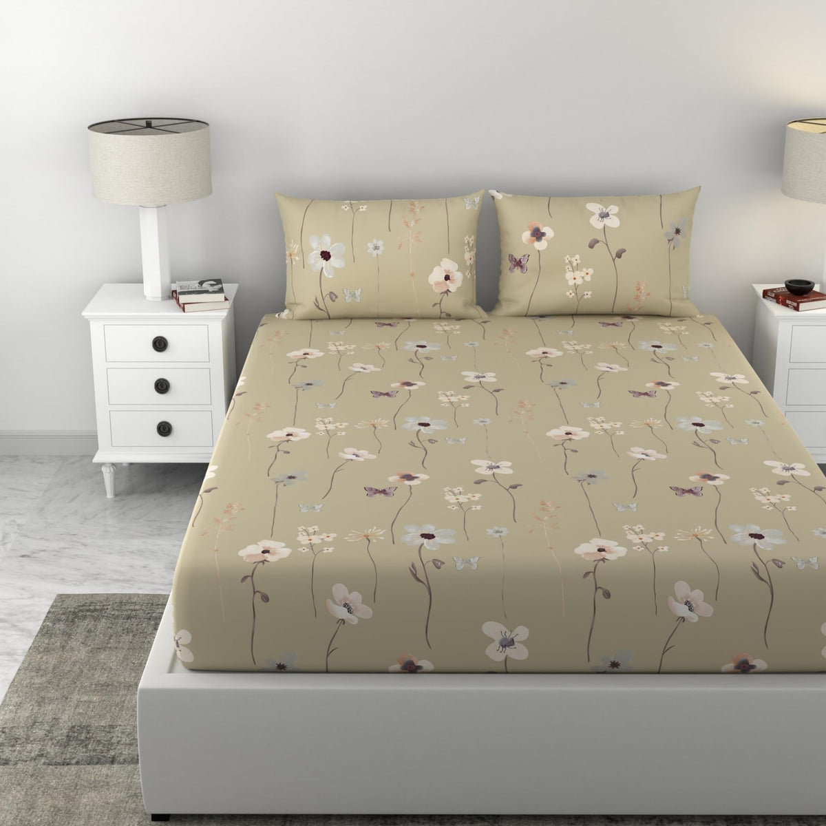 Loreto Khaki Floral Blooms King Fitted Bedsheet | 144 TC | 100% Cotton | Fits 72 x 72 Inches | 8 Inch Pocket - main product image