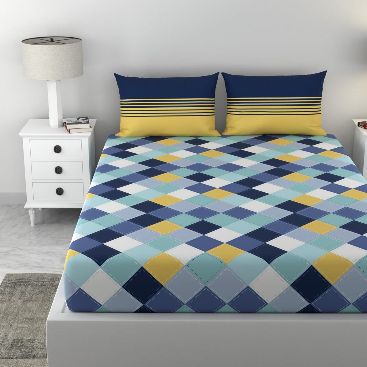 Loreto Cotton King Bedsheet | Vivid Blue and Yellow Checkered