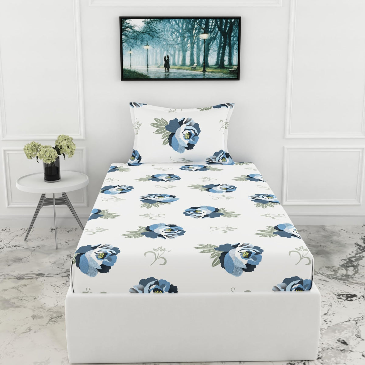Loreto Navy Floral Single Fitted Bedsheet | 210 TC | 100% Cotton | Fits 78 x 36 Inches | 8 Inch Pocket - main product image