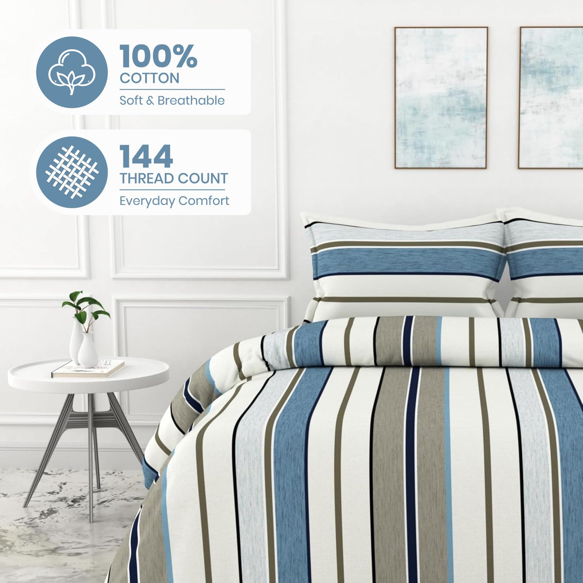 Classic Stellar Striped Soft & Breathable 100% Cotton Flat King Bedsheet, 144 TC