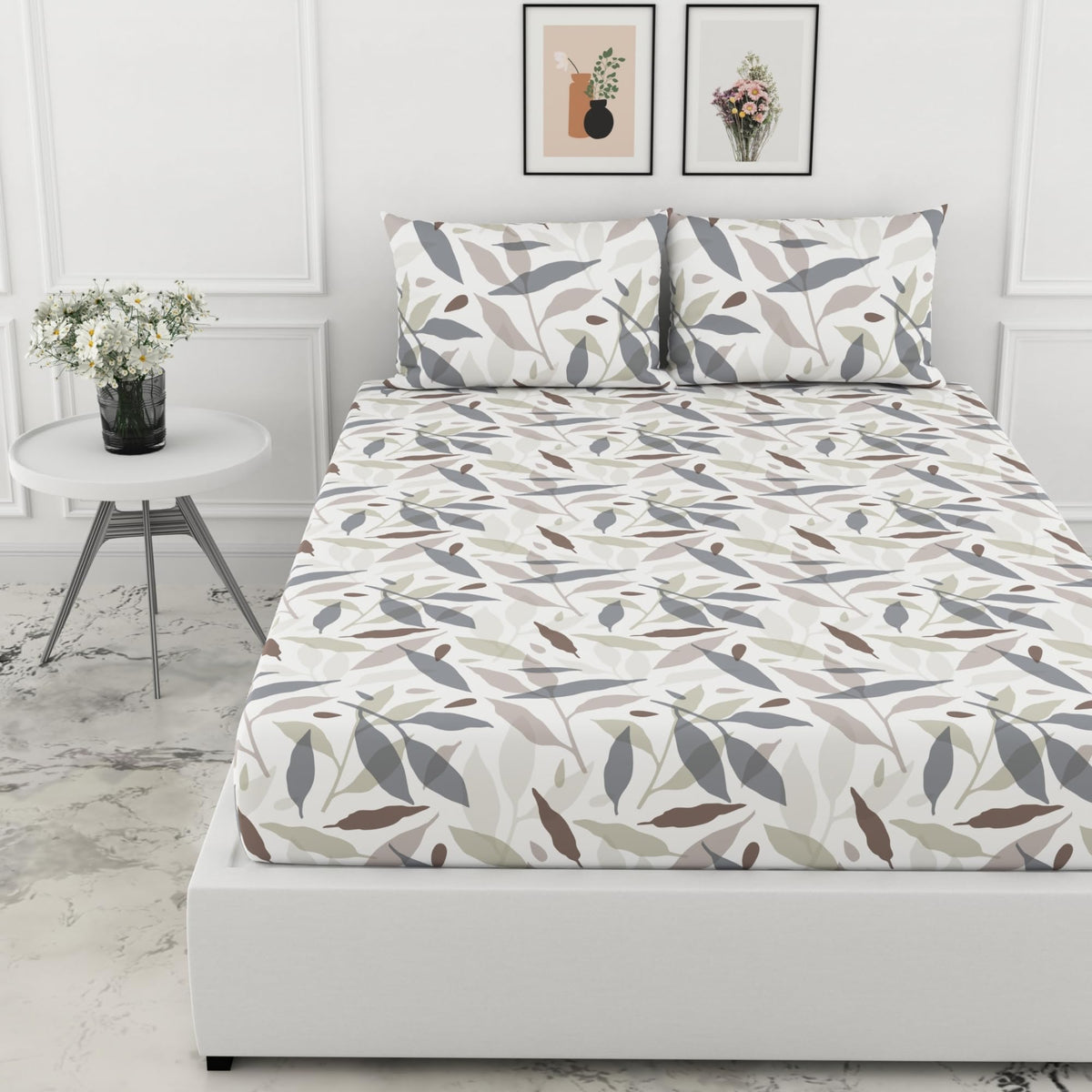 Loreto Grey Leaf Whisper Double Fitted Bedsheet | 210 TC | 100% Cotton | Fits 78 x 60 Inches | 8 Inch Pocket - main product image