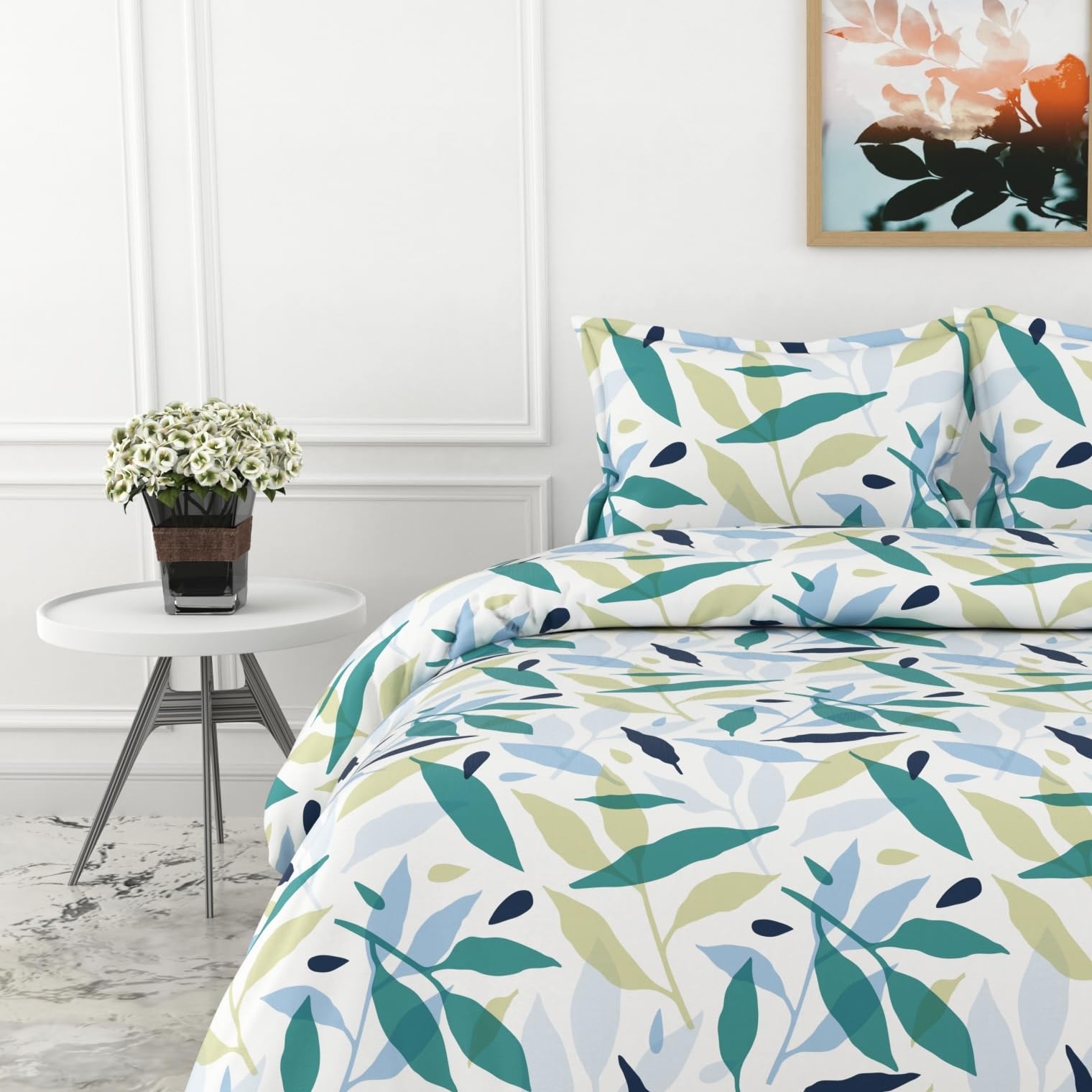 Green Leaf Double Bedsheet - 210 TC 100% Cotton with 2 Pillow Covers (90 x 90 Inches)