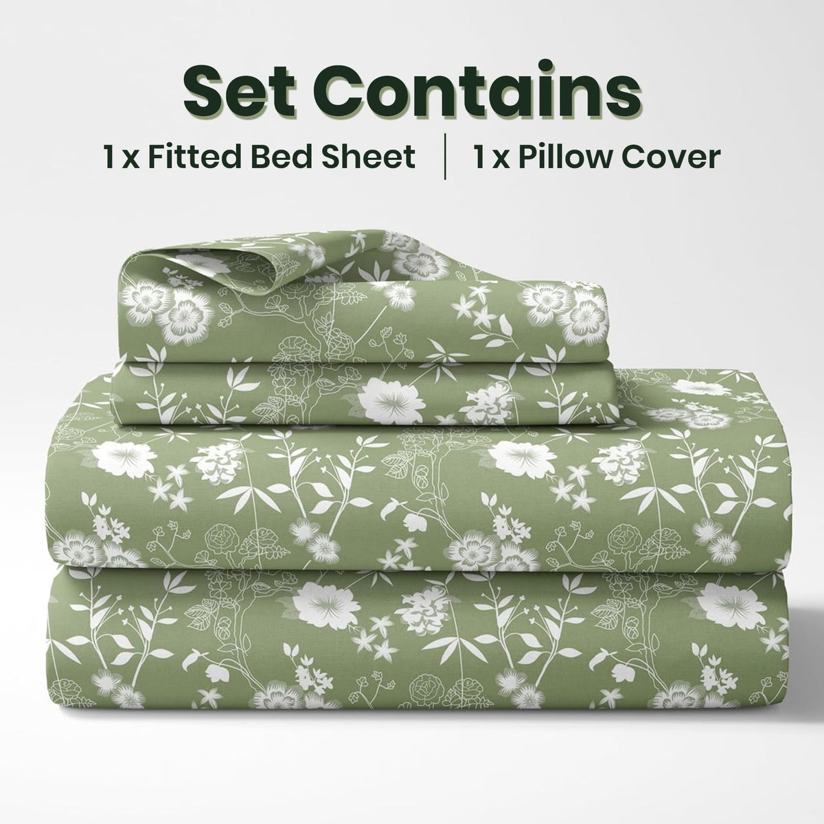 Loreto Olive Green Floral Whisper Single Fitted Bedsheet | 144 TC | 100% Cotton | Fits 72 x 36 Inches | 8 Inch Pocket