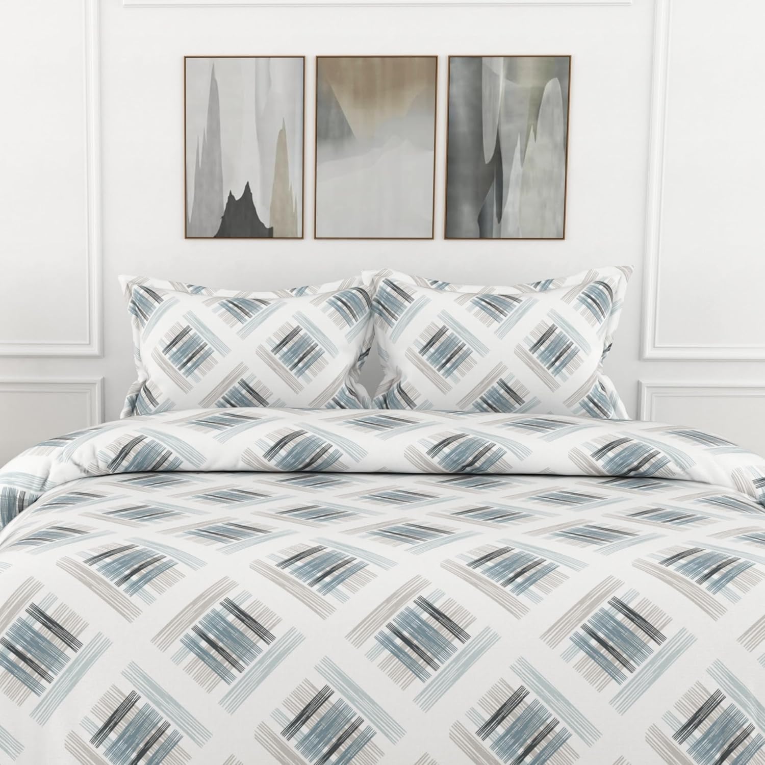 Mist & Charcoal Grid 186 TC Cotton King Size Fitted Bedsheet with 2 Pillow Covers - All-Around Elastic, 78 x 72 Inches