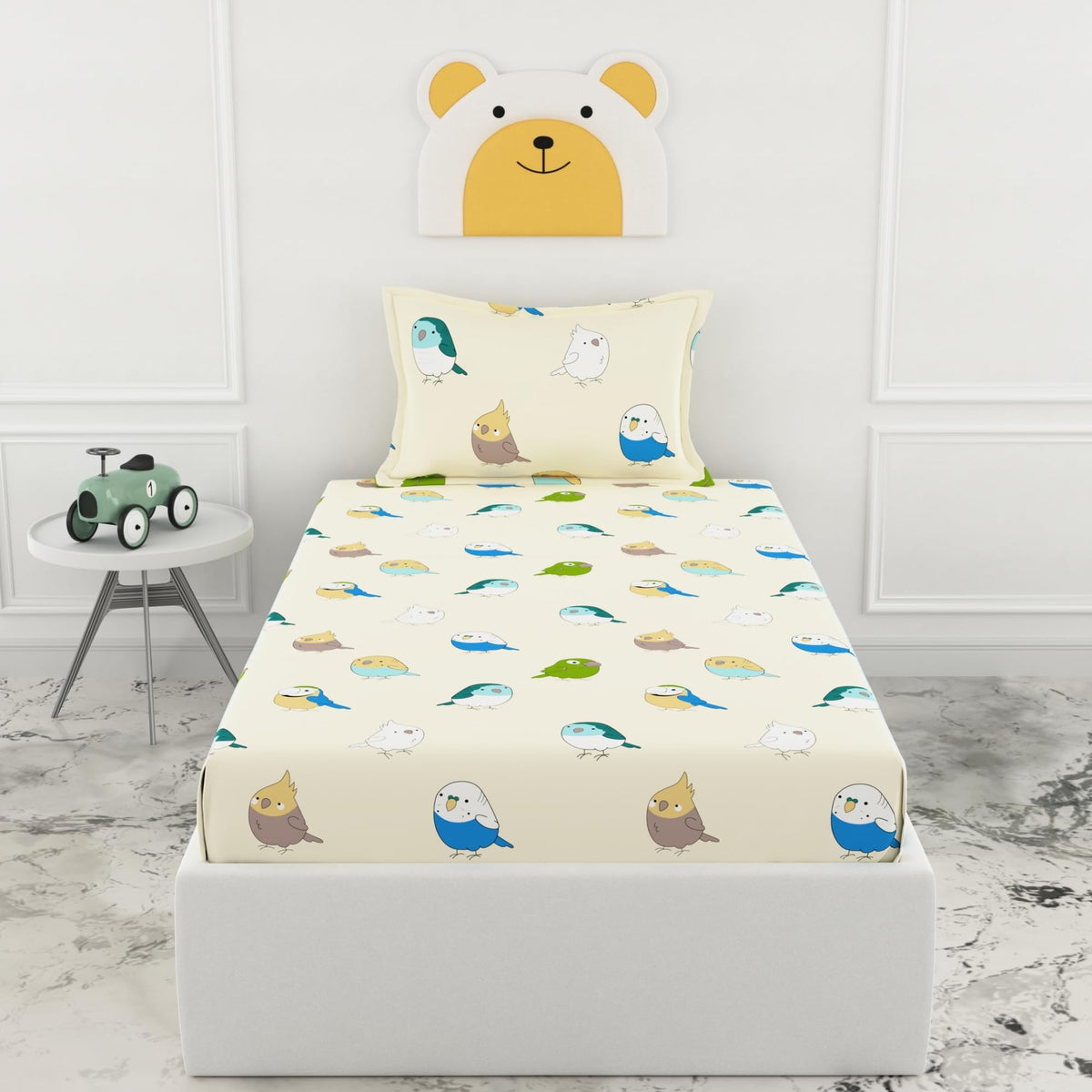 Loreto Multicolor Birds Single Fitted Bedsheet | 186 TC | 100% Cotton | Fits 78 x 36 Inches | 8 Inch Pocket - main product image