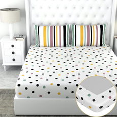 Playful Lemon Drops with Black Polka Dots 100% Cotton Double Fitted Bedsheet, 144 TC, 72 x 60 Inches