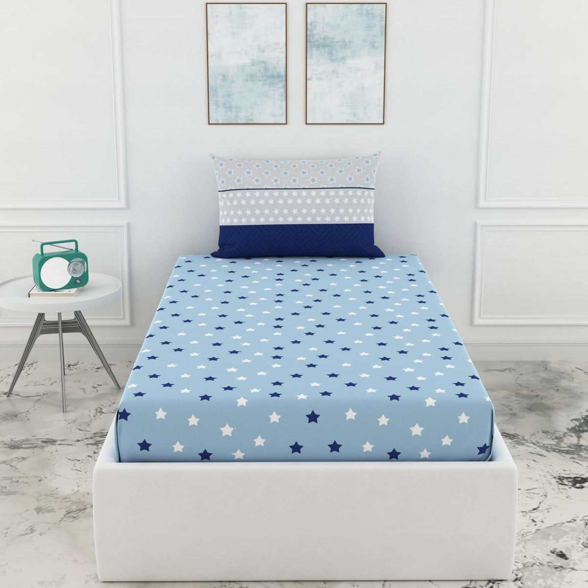 Loreto Cotton Single Fitted Bedsheet | Nile Blue Stars 144 TC