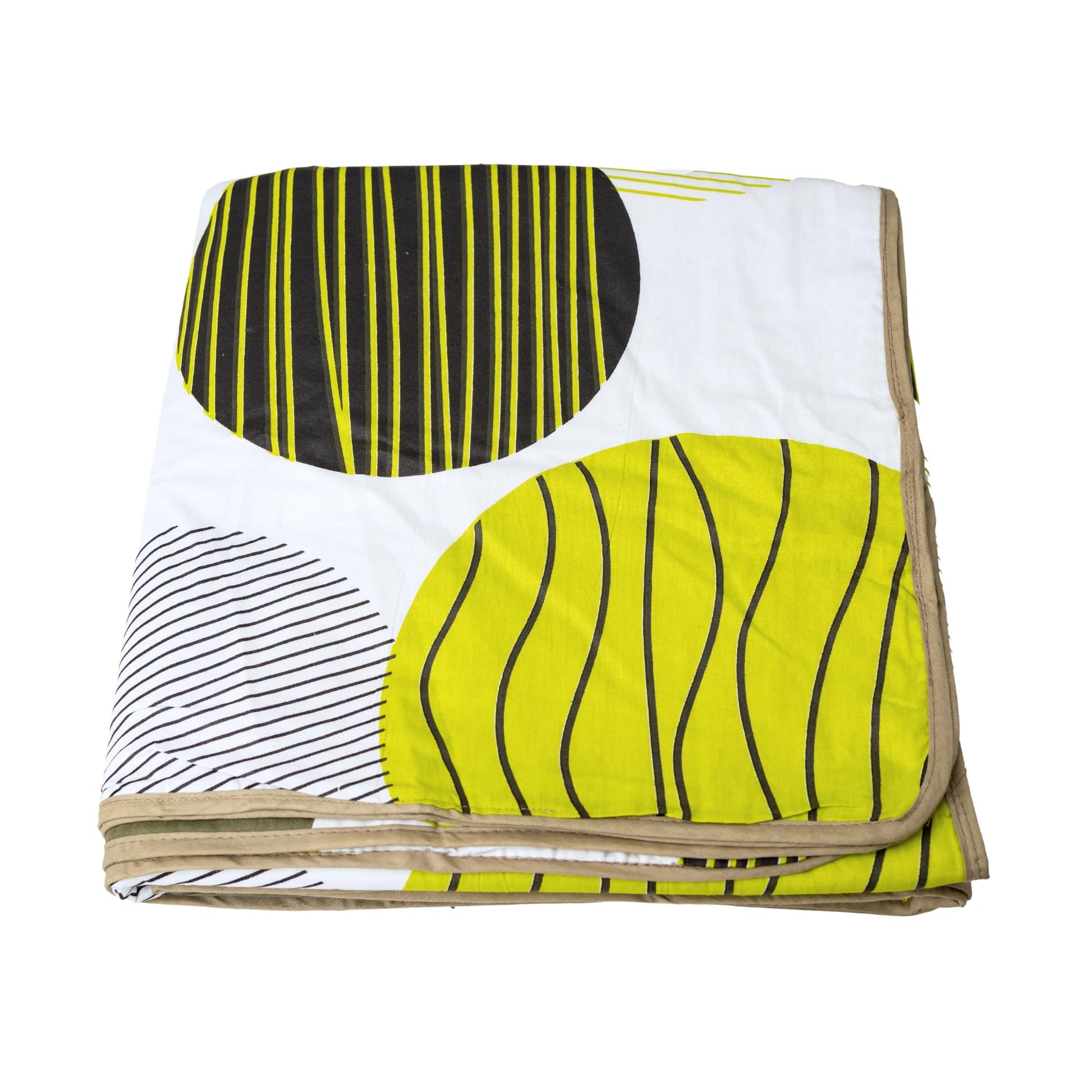 Olive Green & Black Circles 100% Cotton Reversible Single Bed Blanket | Lightweight & Soft AC Dohar | Breathable for All Seasons | 54 x 84 Inches
